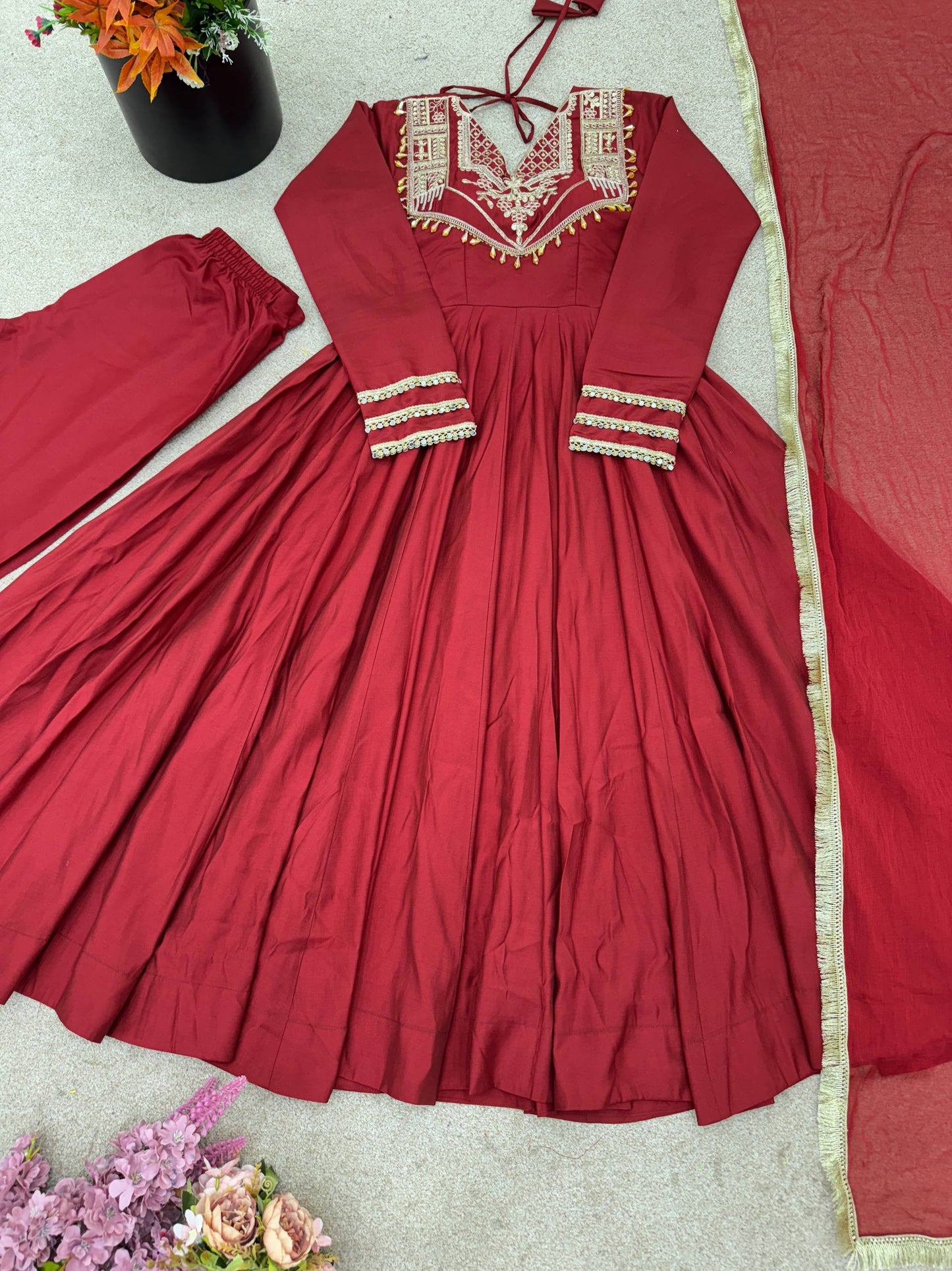 Red roman silk gown, bottom & dupatta full stitched & ready to wear