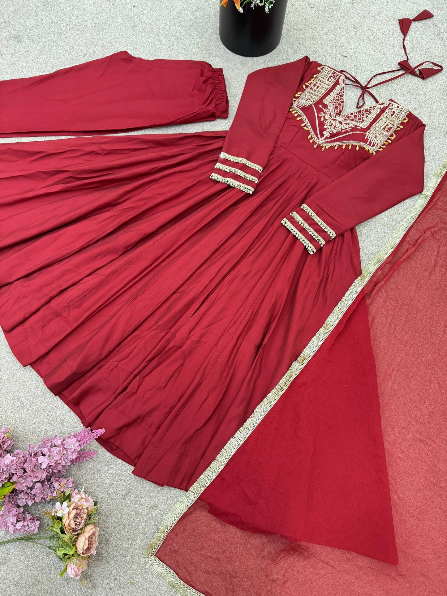 Red roman silk gown, bottom & dupatta full stitched & ready to wear