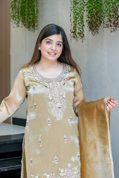 Beige pure silky silk with embroidery sequence work top bottom and dupatta set