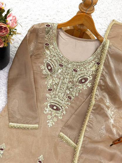 Beige pure silky silk with embroidery sequence work top bottom and dupatta set