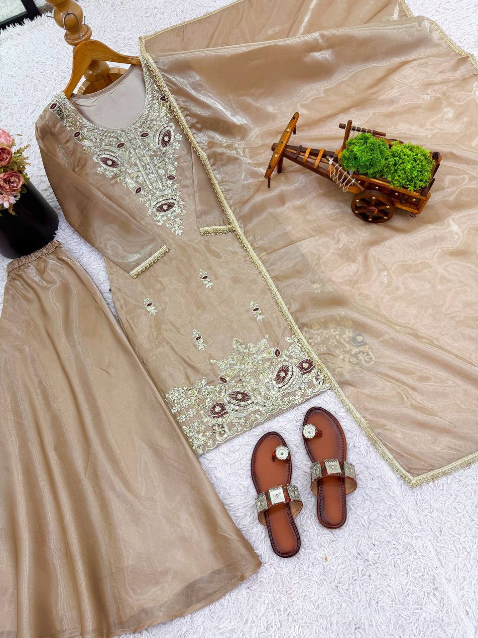 Beige pure silky silk with embroidery sequence work top bottom and dupatta set