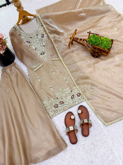 Beige pure silky silk with embroidery sequence work top bottom and dupatta set