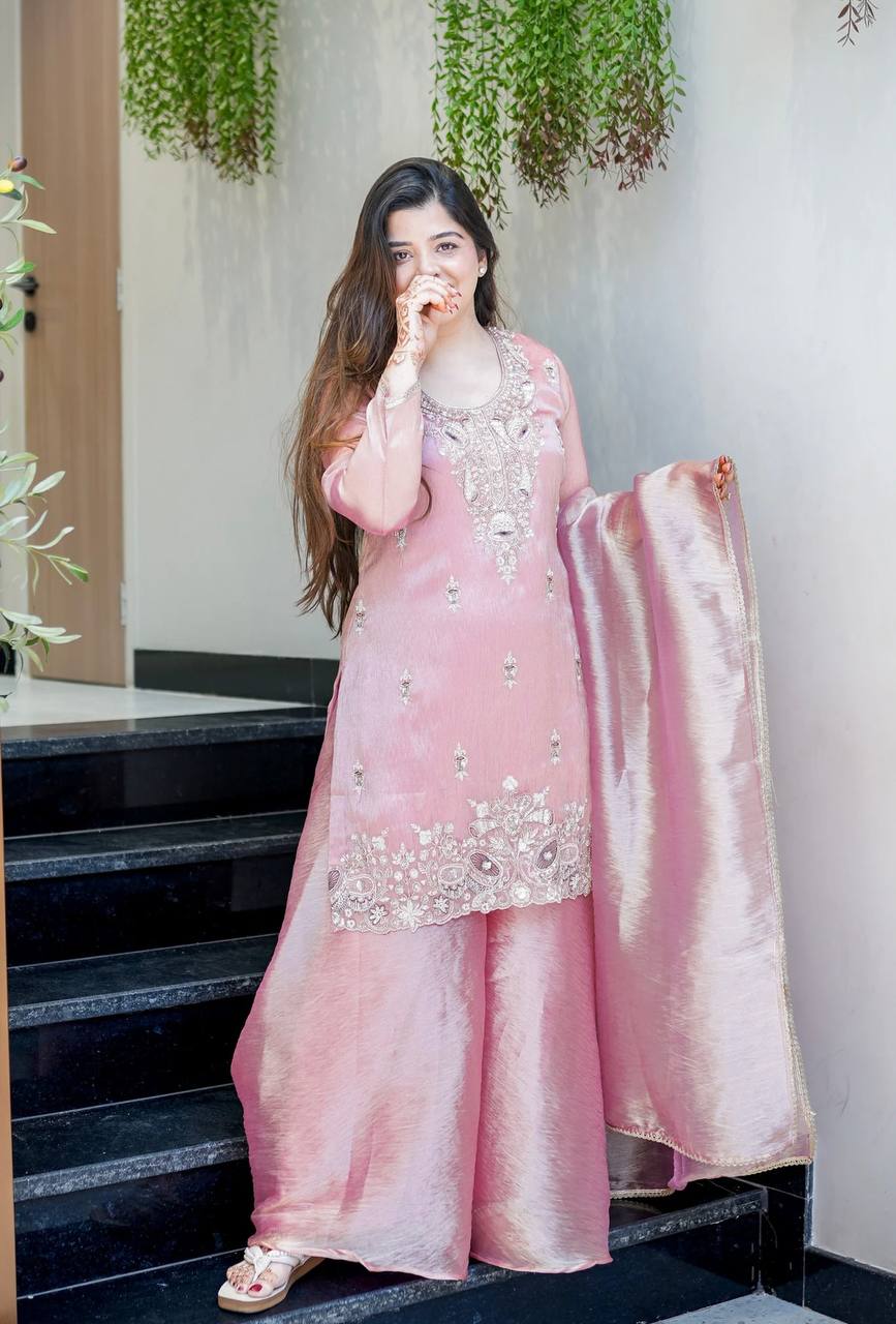 Pink pure silky silk with embroidery sequence work top bottom and dupatta set