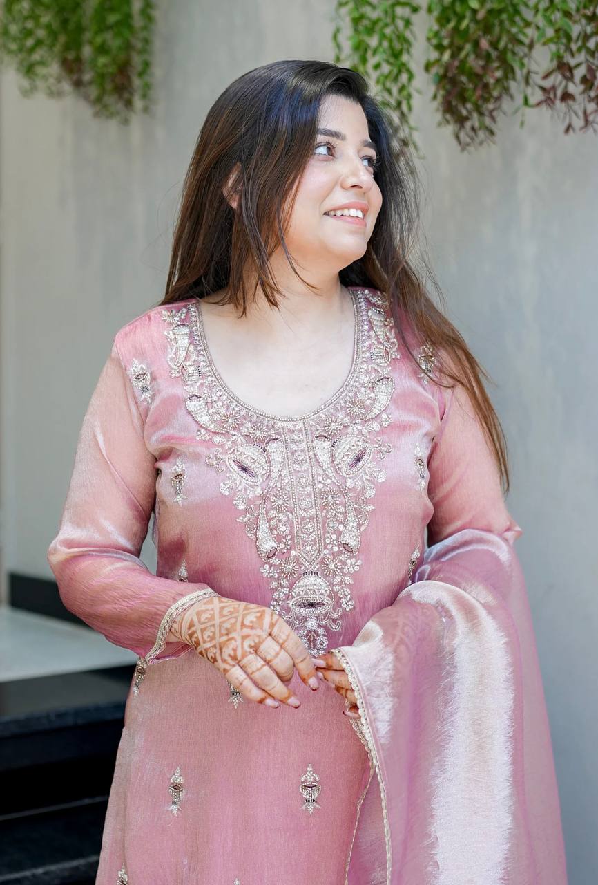 Pink pure silky silk with embroidery sequence work top bottom and dupatta set