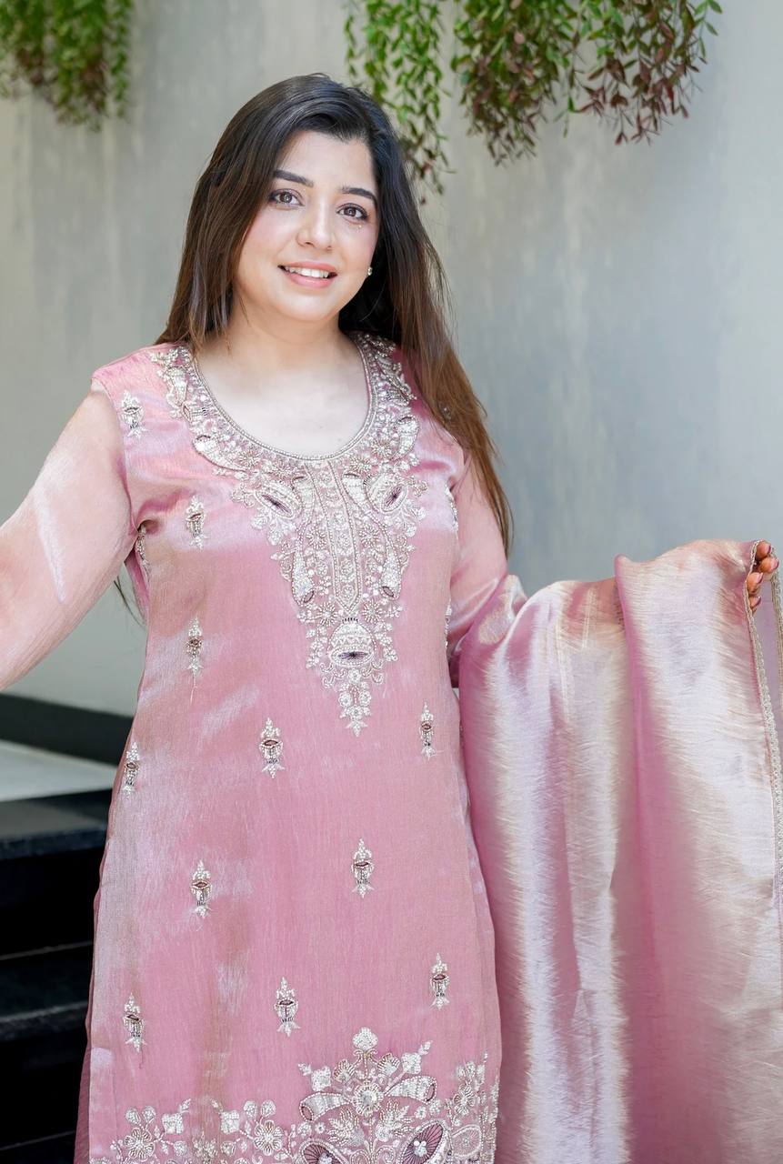 Pink pure silky silk with embroidery sequence work top bottom and dupatta set