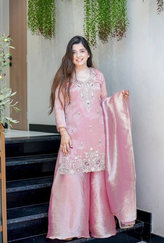 Pink pure silky silk with embroidery sequence work top bottom and dupatta set