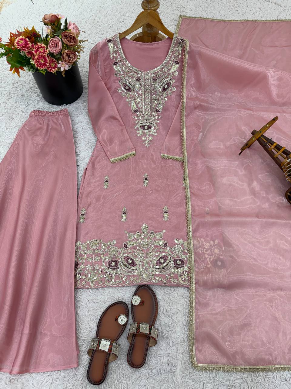 Pink pure silky silk with embroidery sequence work top bottom and dupatta set