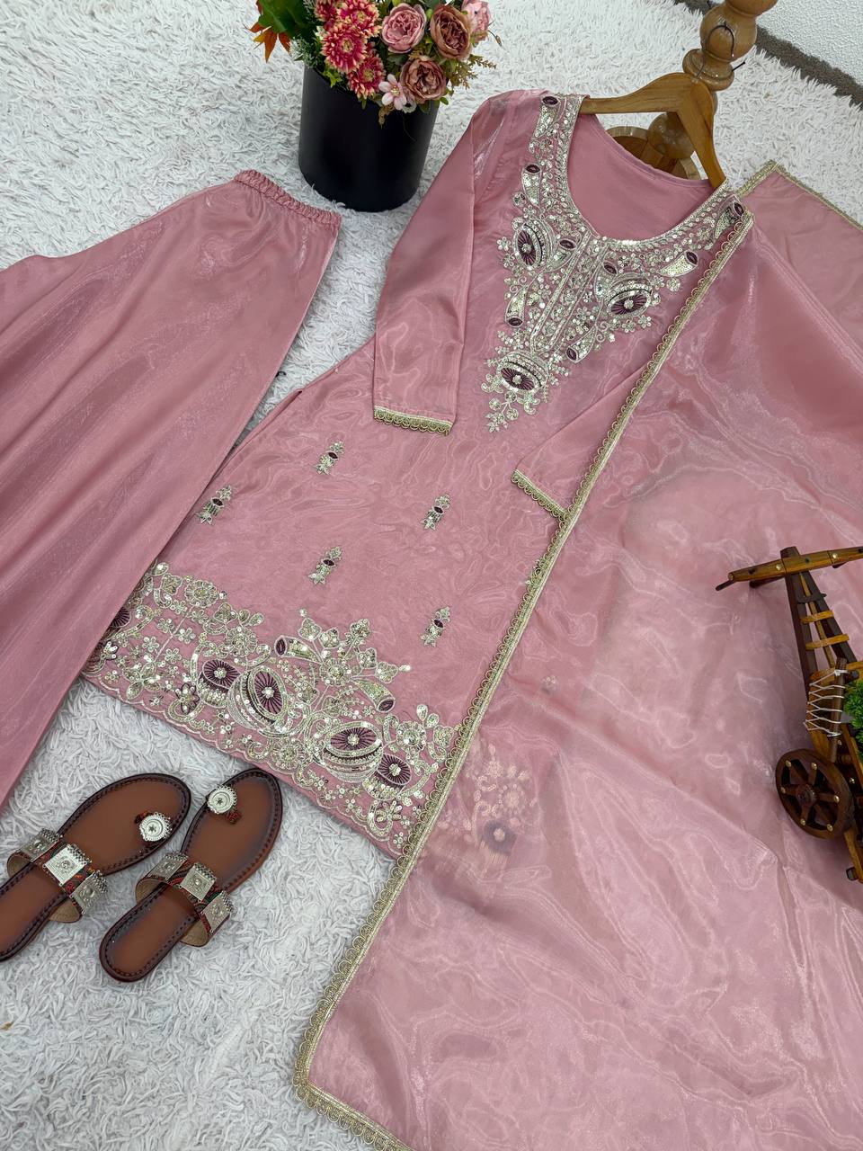 Pink pure silky silk with embroidery sequence work top bottom and dupatta set