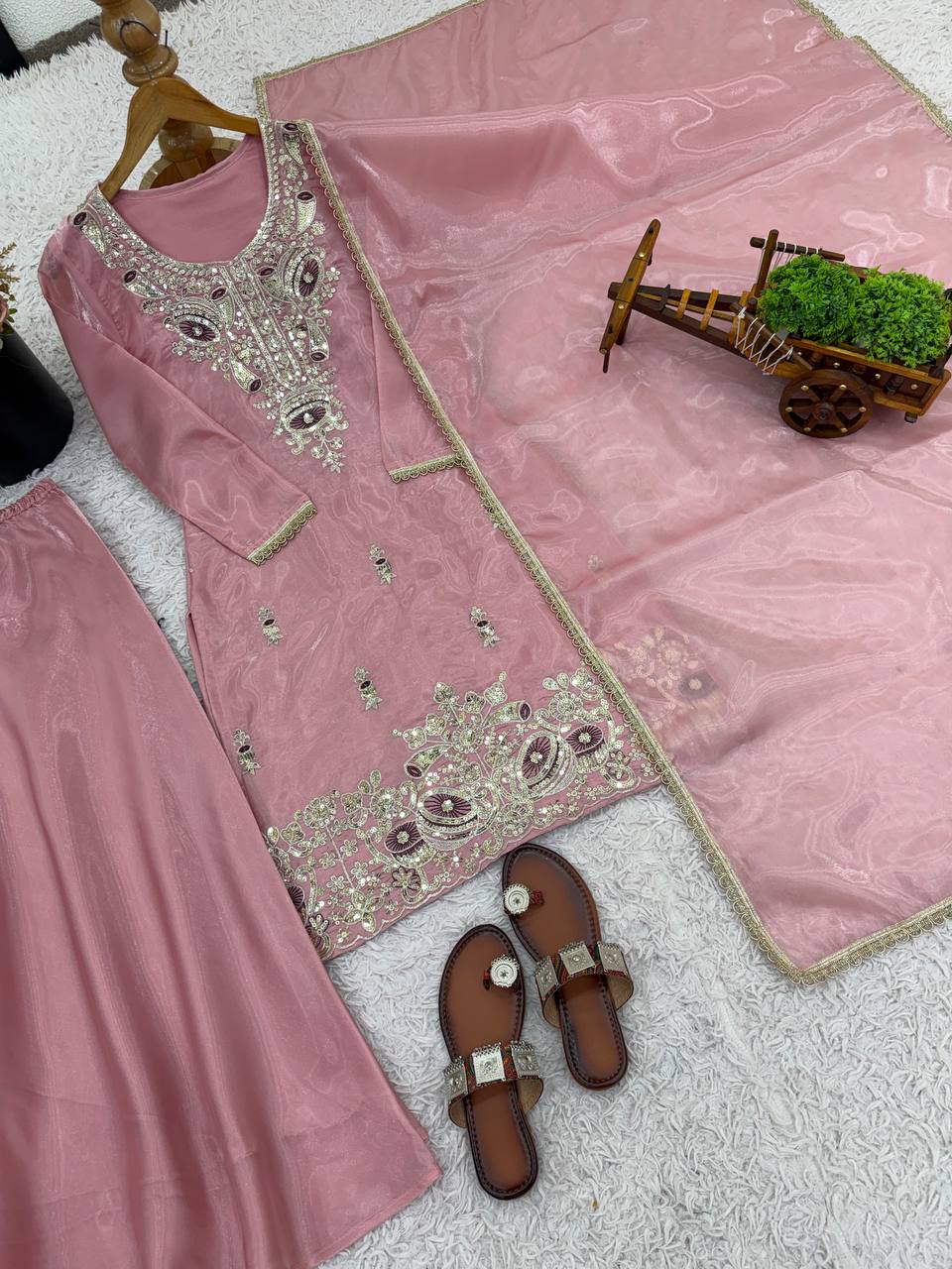 Pink pure silky silk with embroidery sequence work top bottom and dupatta set