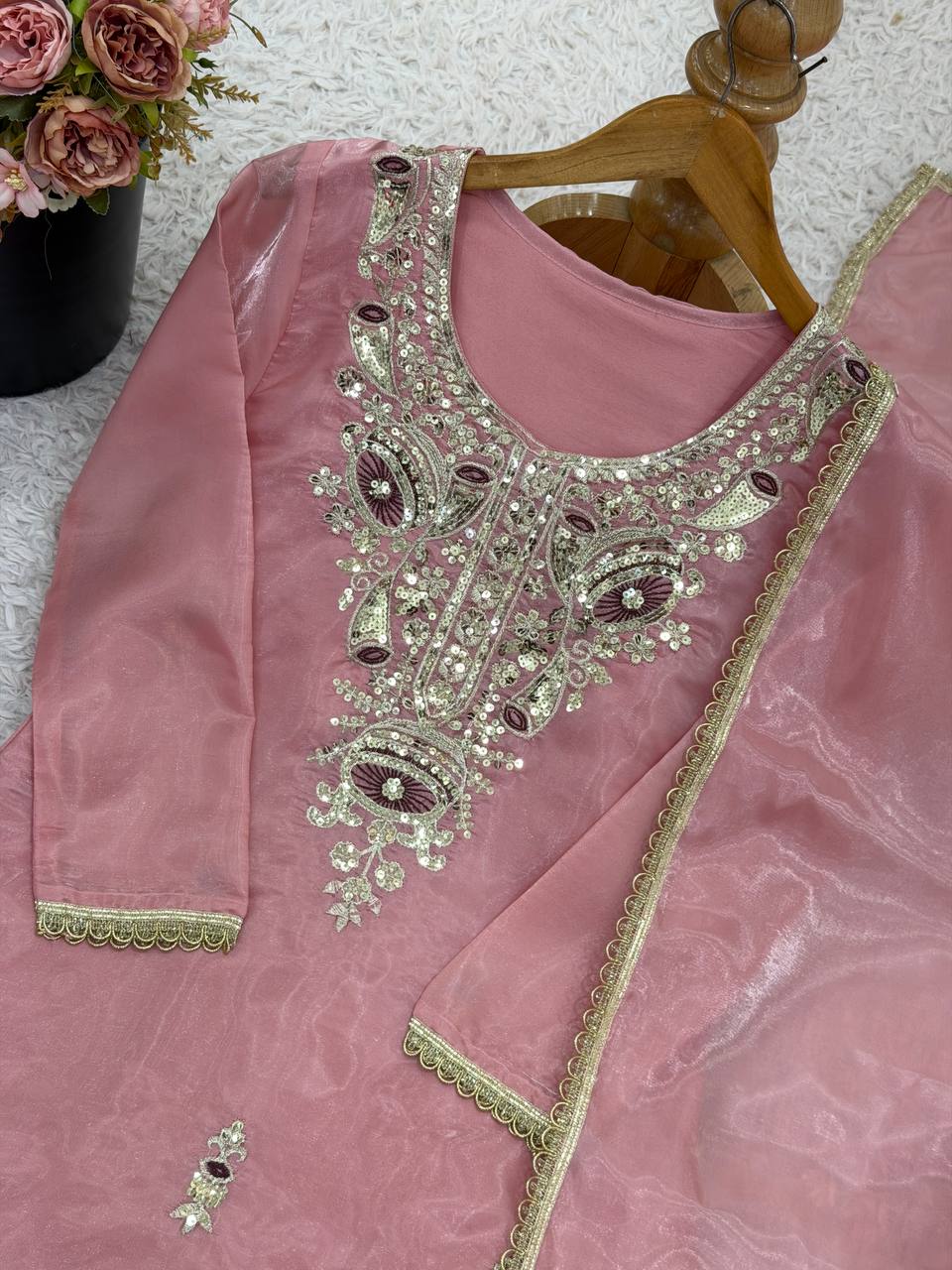 Pink pure silky silk with embroidery sequence work top bottom and dupatta set