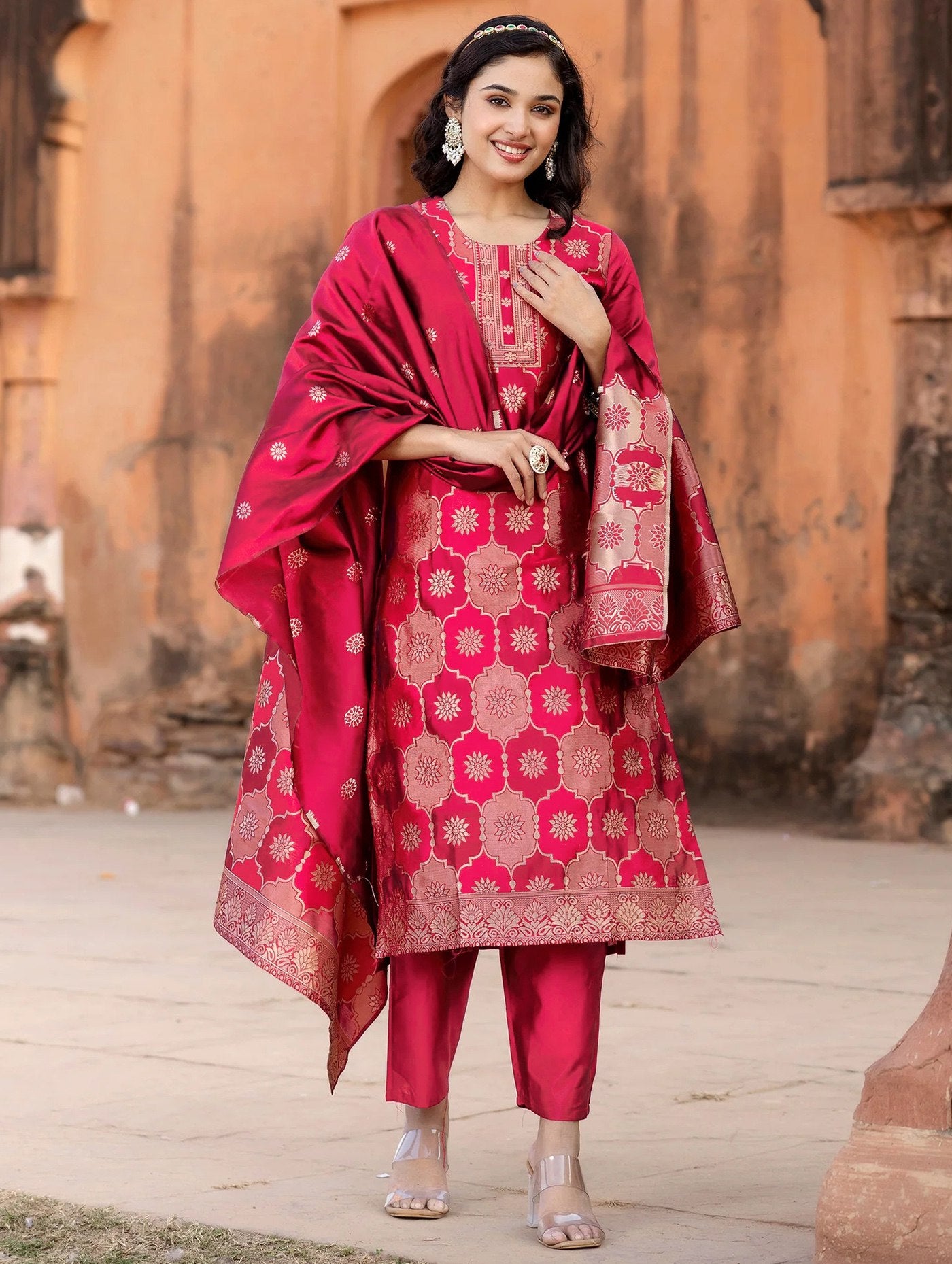 Pink jacquard weaving work kurta pent dupatta set