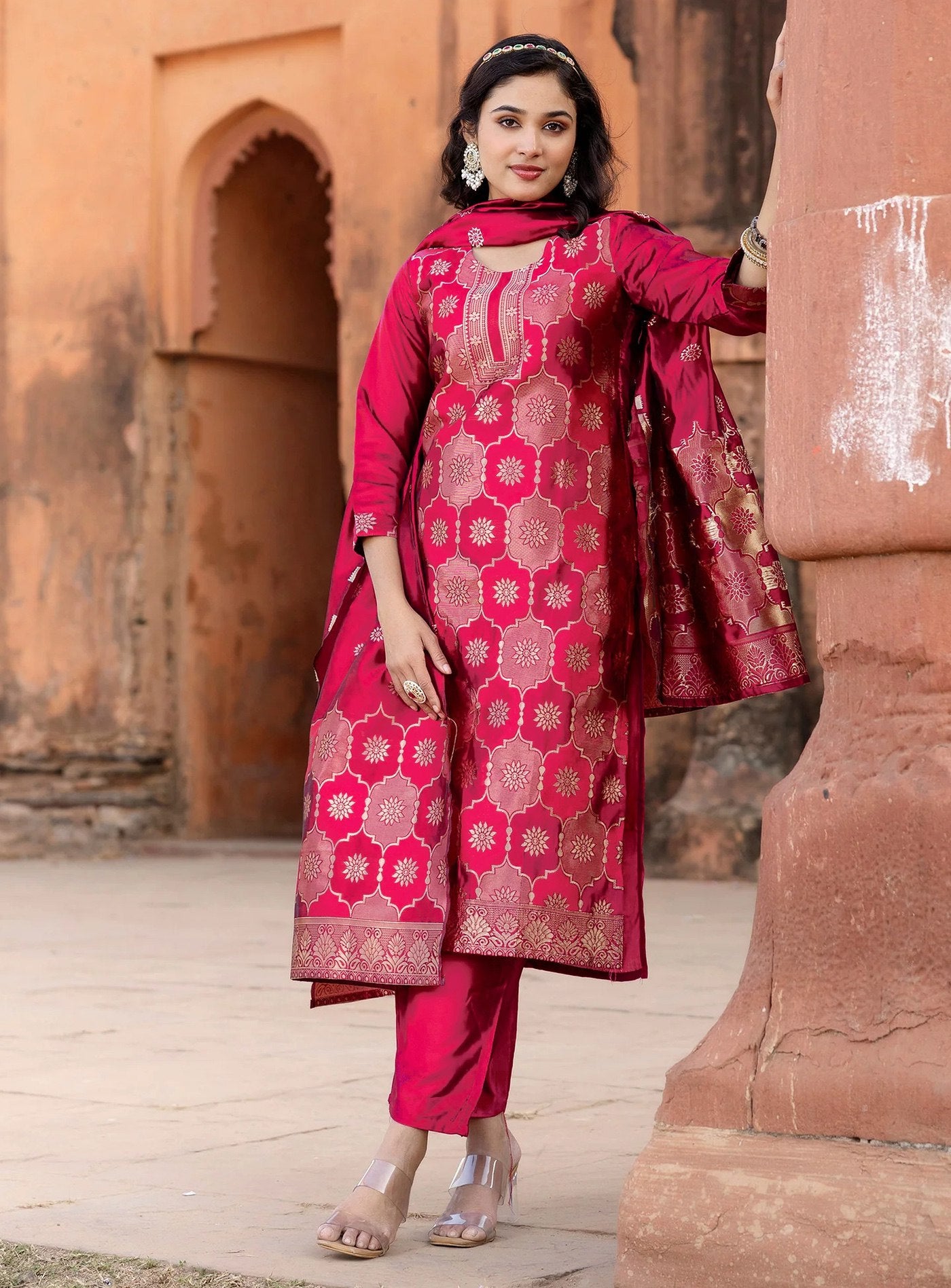 Pink jacquard weaving work kurta pent dupatta set