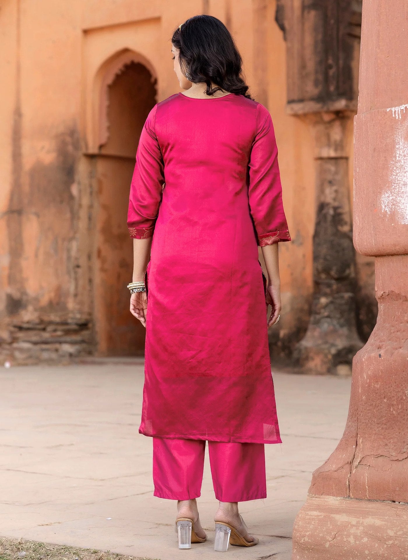 Pink jacquard weaving work kurta pent dupatta set