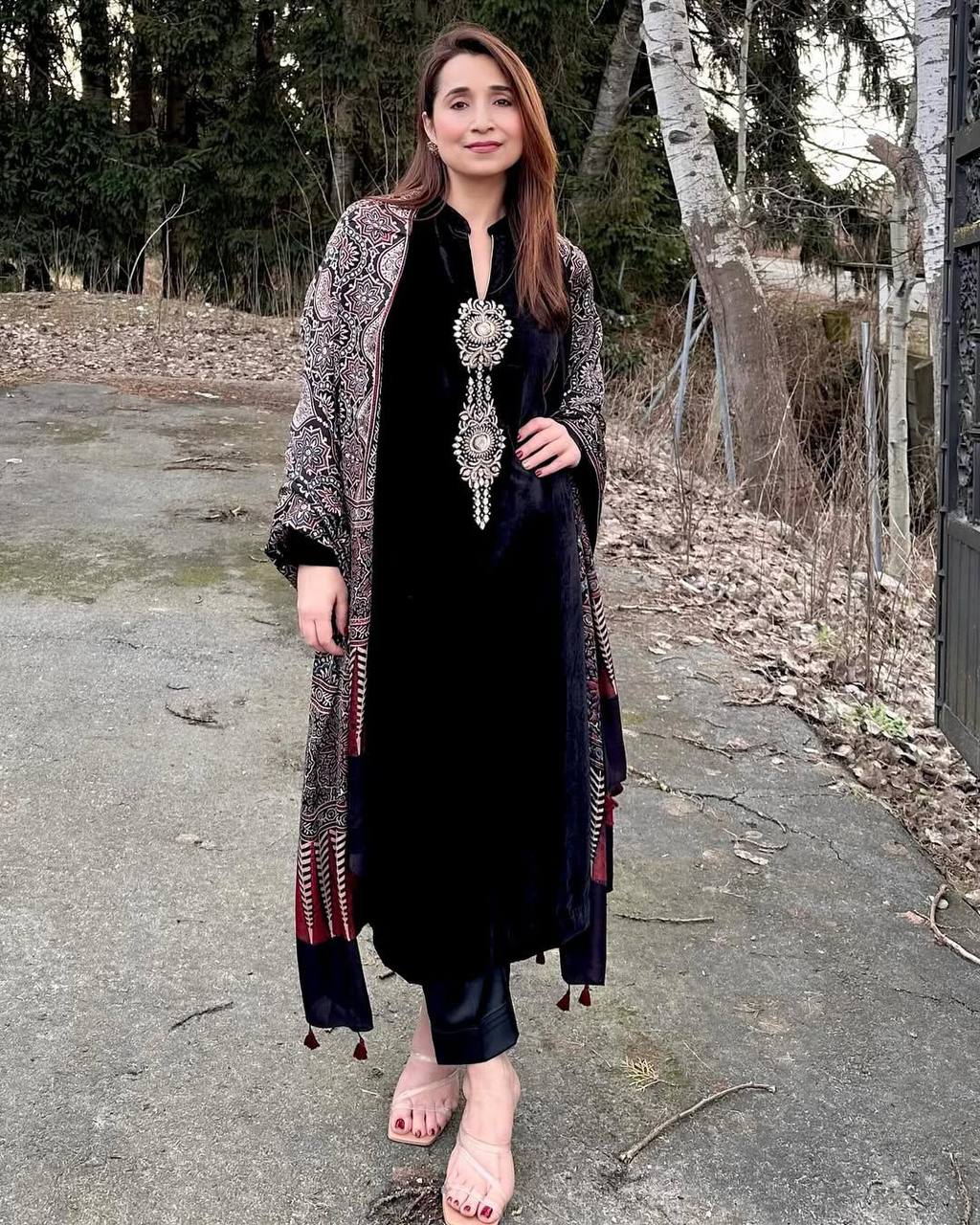 Winter Velvet Three Piece Pant Set With Sequence Embroidery Exclusive Collection