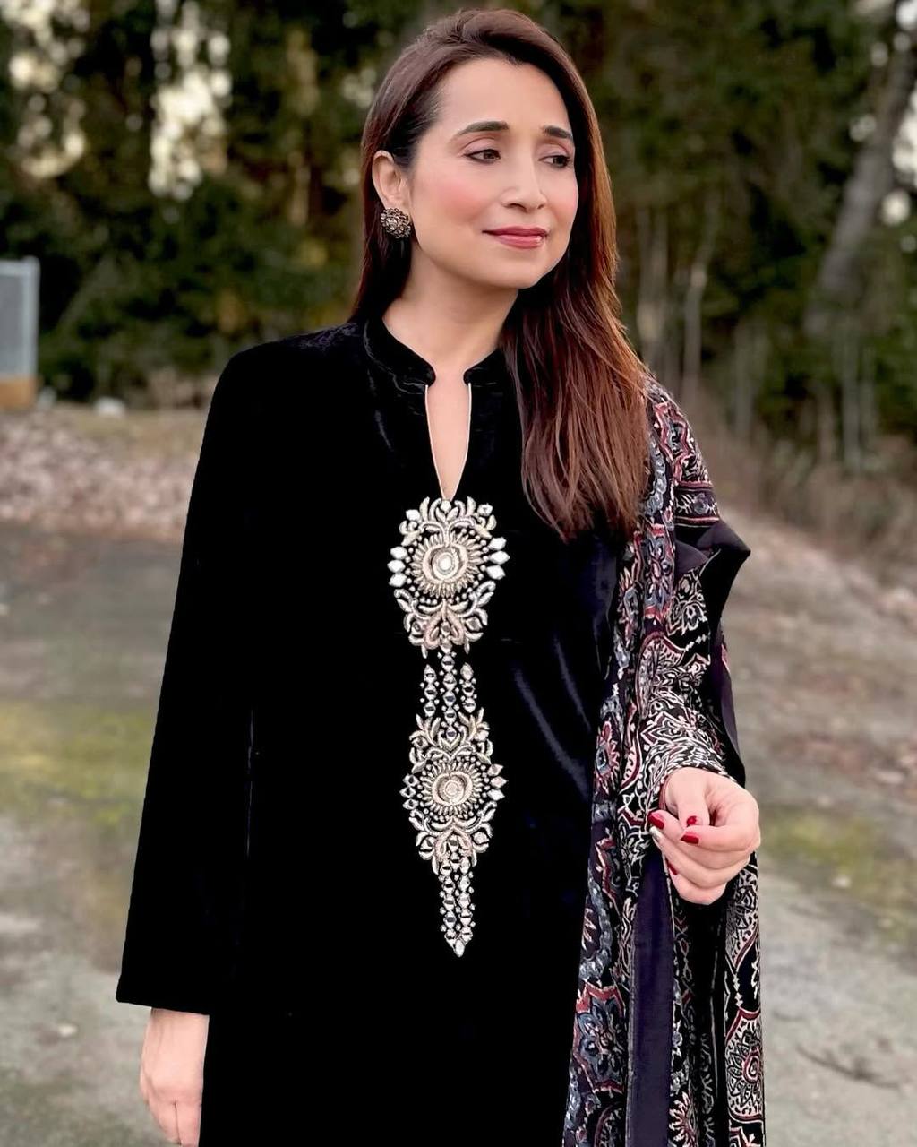 Winter Velvet Three Piece Pant Set With Sequence Embroidery Exclusive Collection