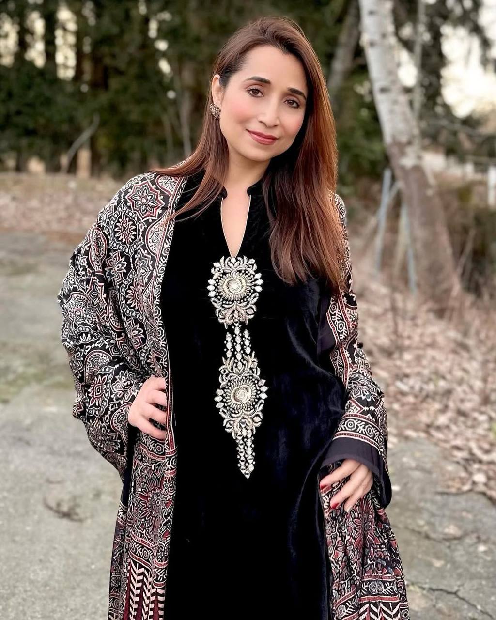 Winter Velvet Three Piece Pant Set With Sequence Embroidery Exclusive Collection