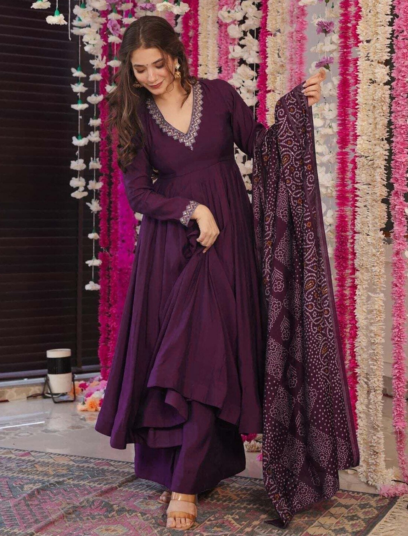 Purple Women Embroidered Work Anarkali Kurta Set