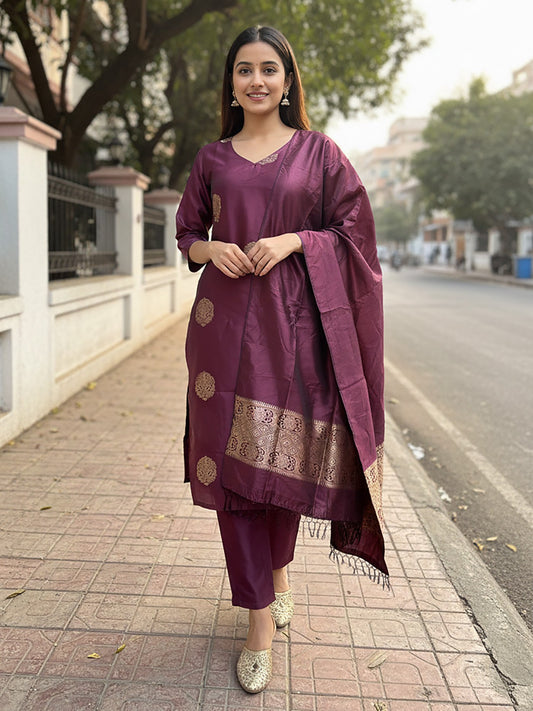 Purple jacquard weaving work kurta-pent dupatta set
