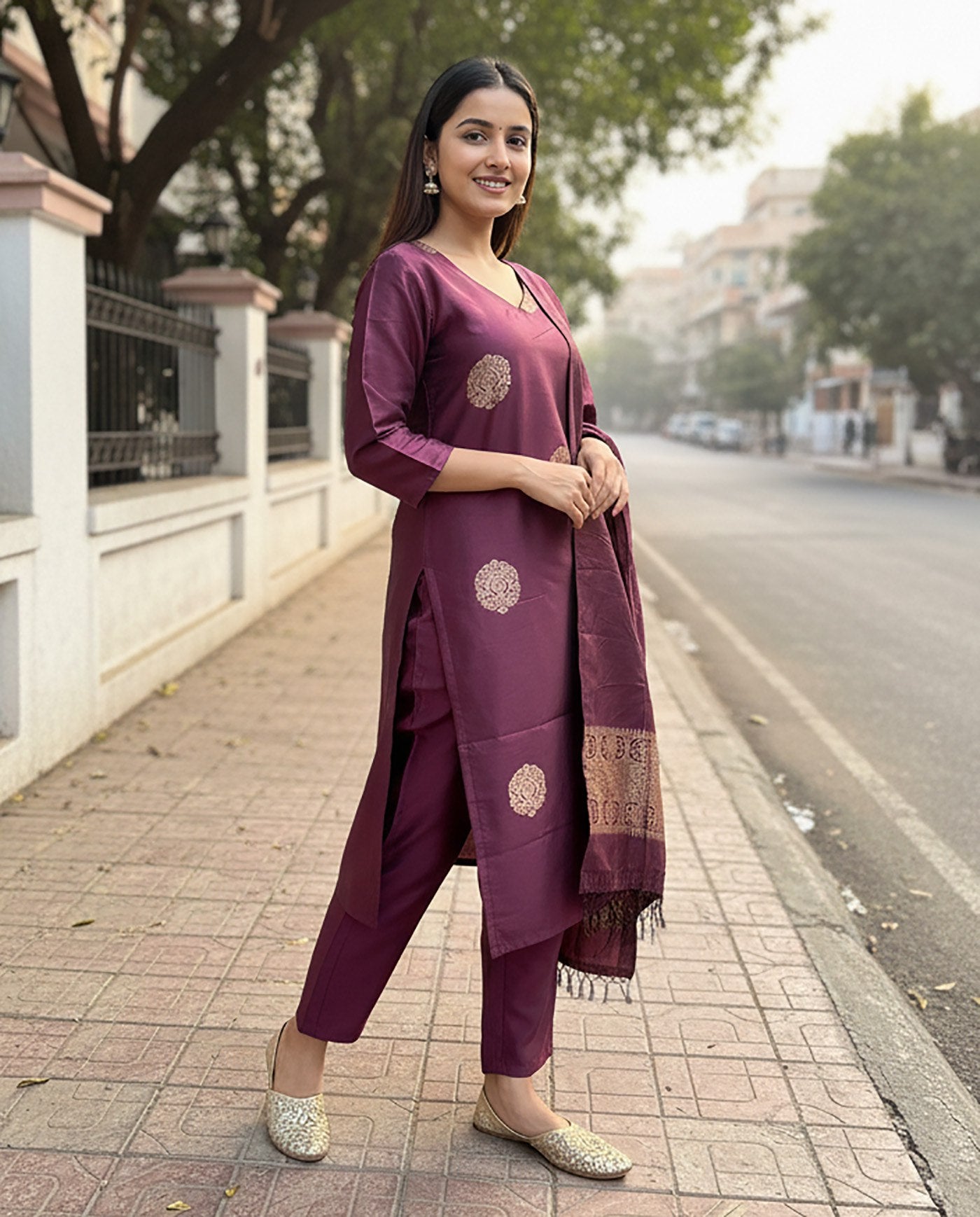 Purple jacquard weaving work kurta-pent dupatta set