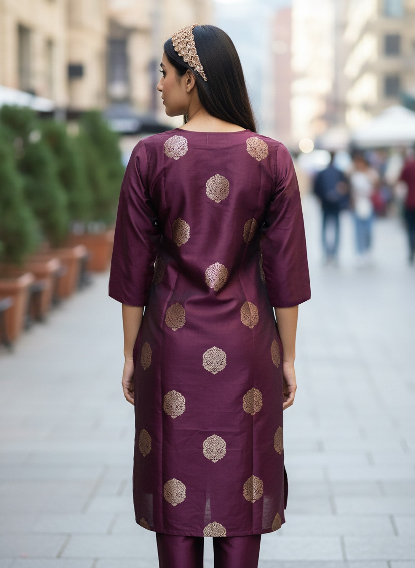Purple jacquard weaving work kurta-pent dupatta set