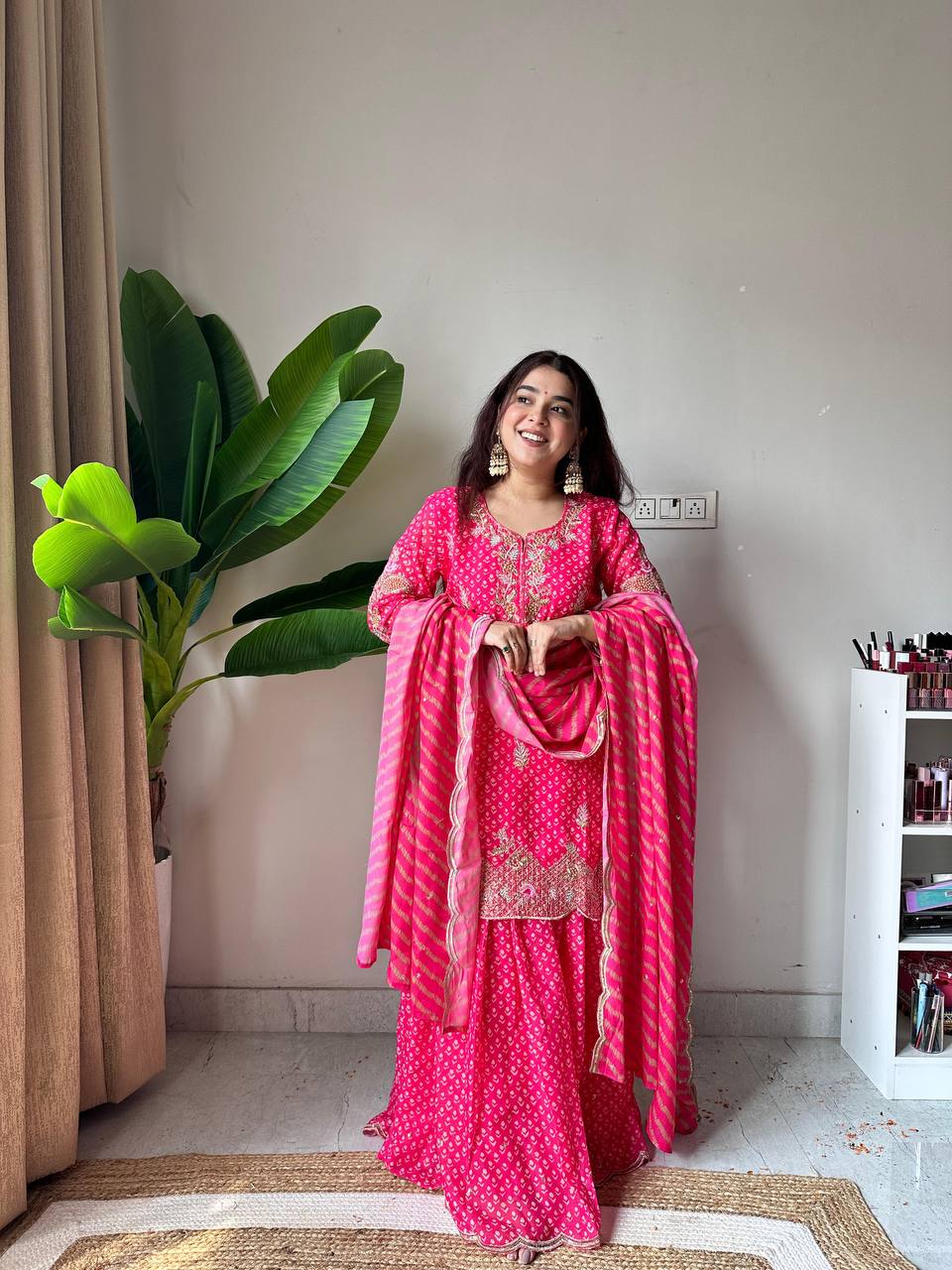 Pink printed chinon embroidery work kurti palazzo and dupatta
