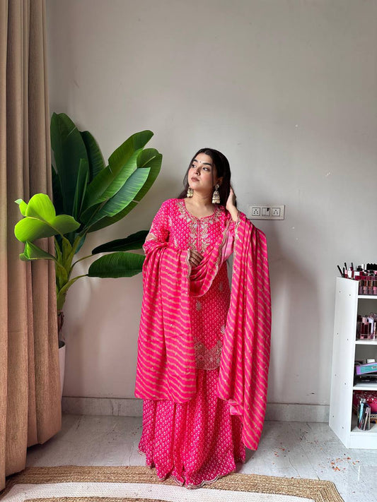 Pink printed chinon embroidery work kurti palazzo and dupatta