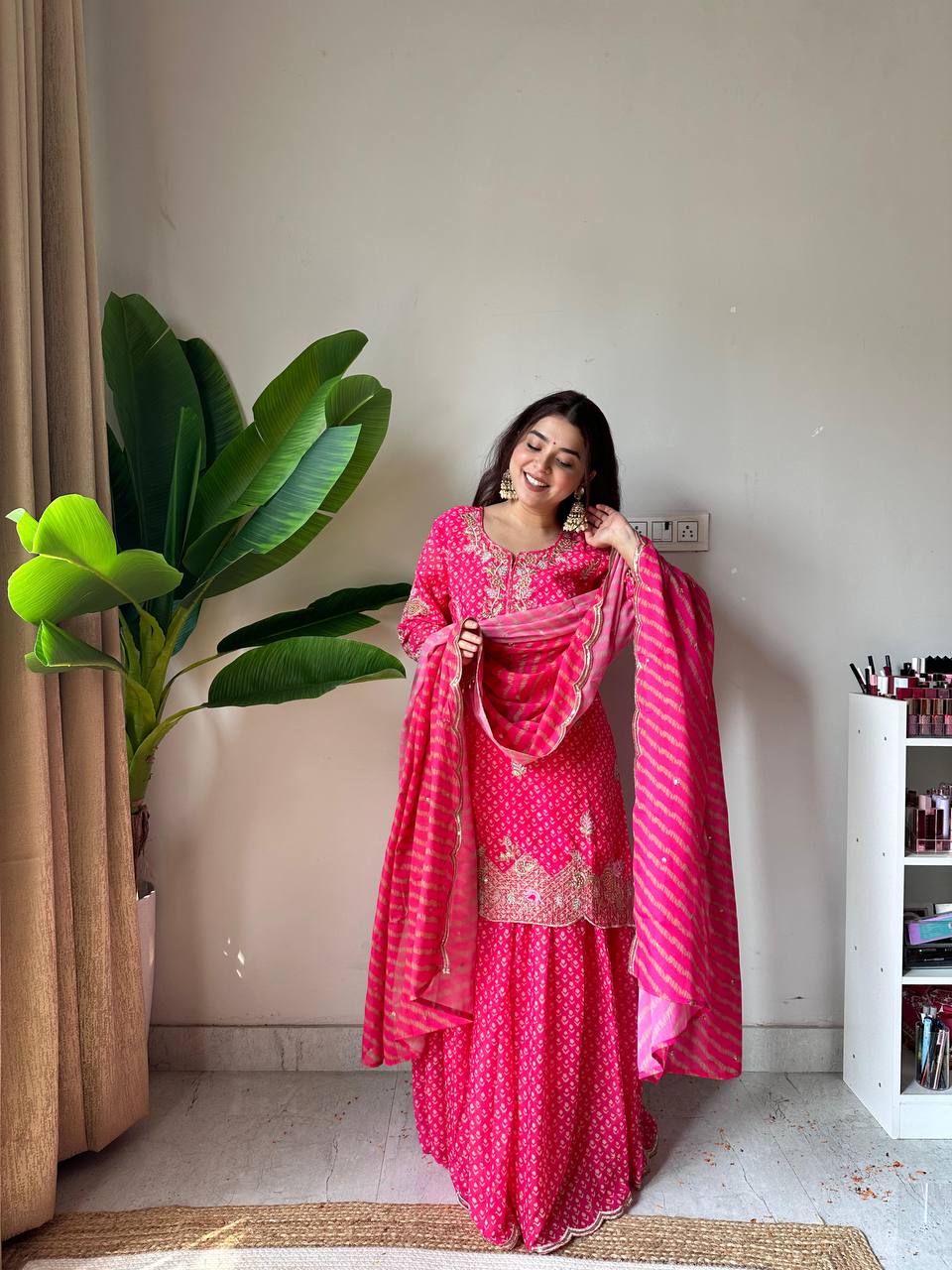 Pink printed chinon embroidery work kurti palazzo and dupatta
