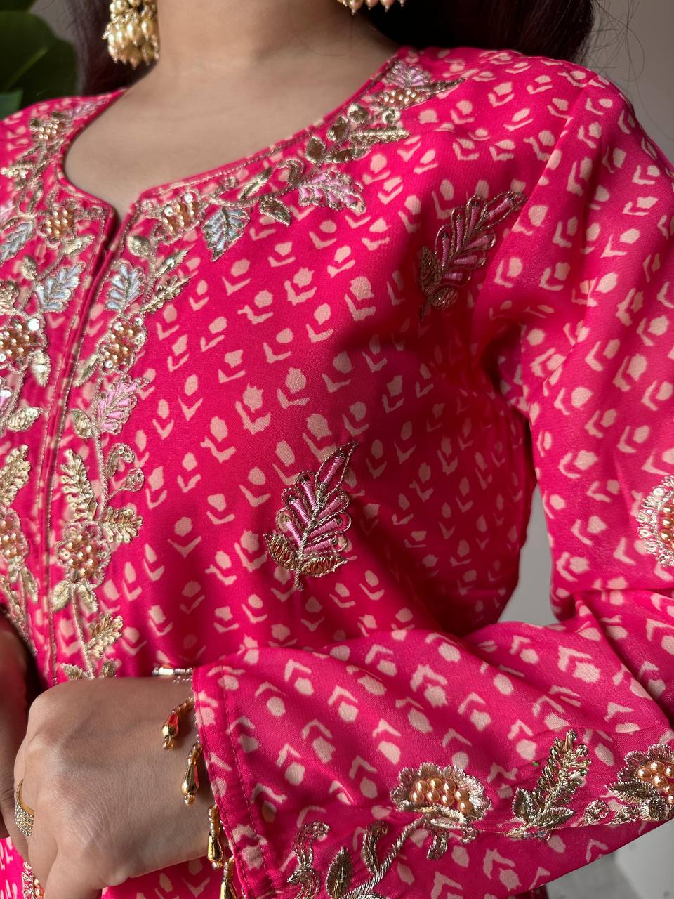Pink printed chinon embroidery work kurti palazzo and dupatta