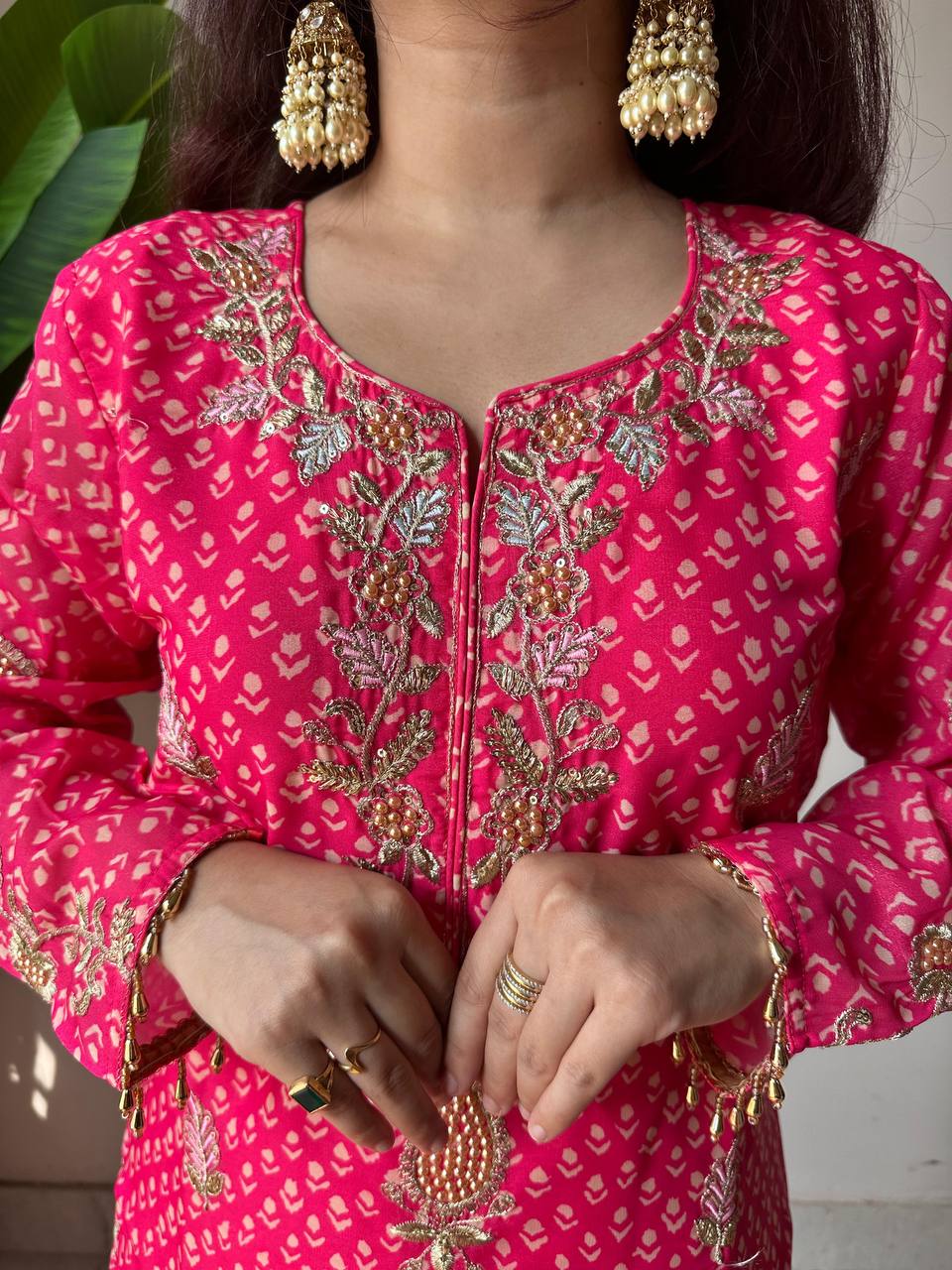 Pink printed chinon embroidery work kurti palazzo and dupatta