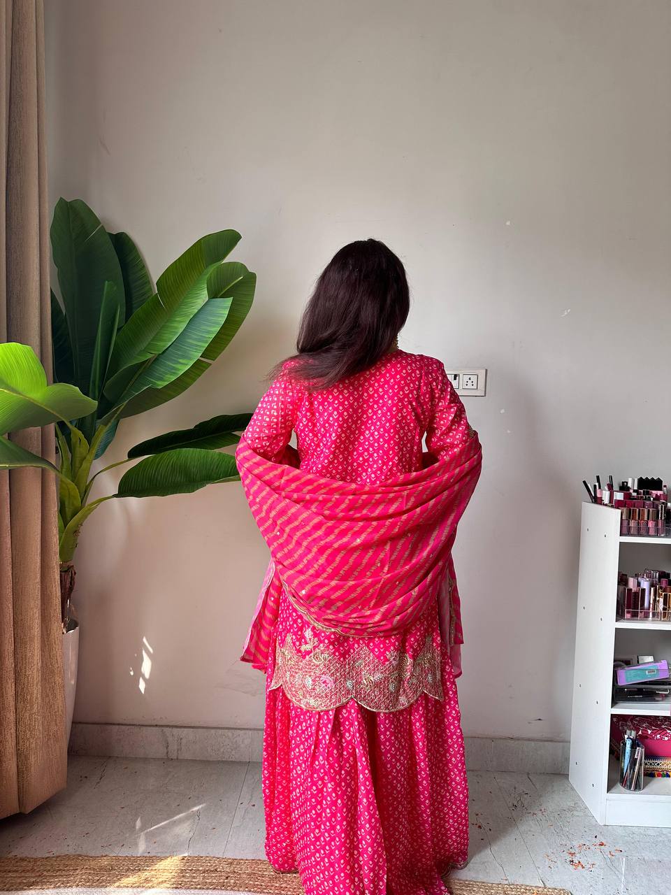 Pink printed chinon embroidery work kurti palazzo and dupatta