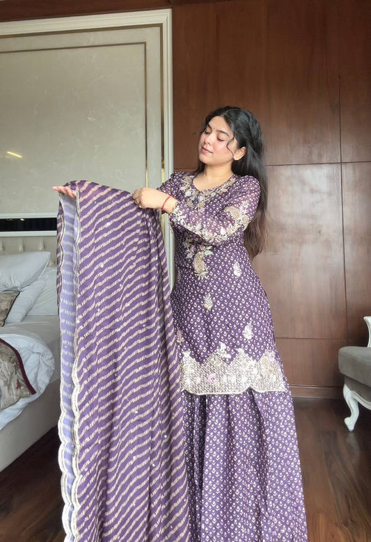 Purple printed chinon embroidery work kurti palazzo and dupatta