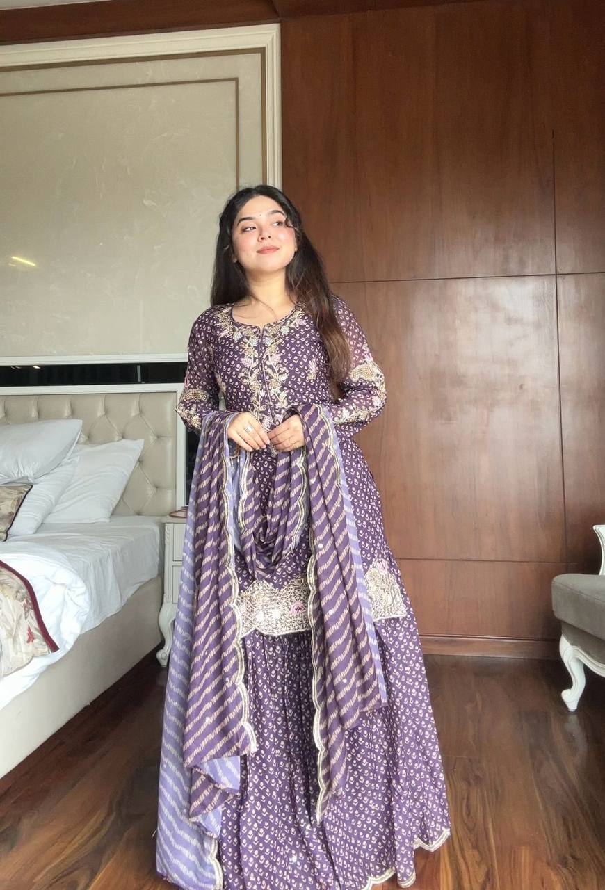 Purple printed chinon embroidery work kurti palazzo and dupatta