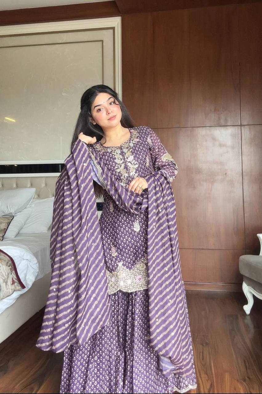 Purple printed chinon embroidery work kurti palazzo and dupatta