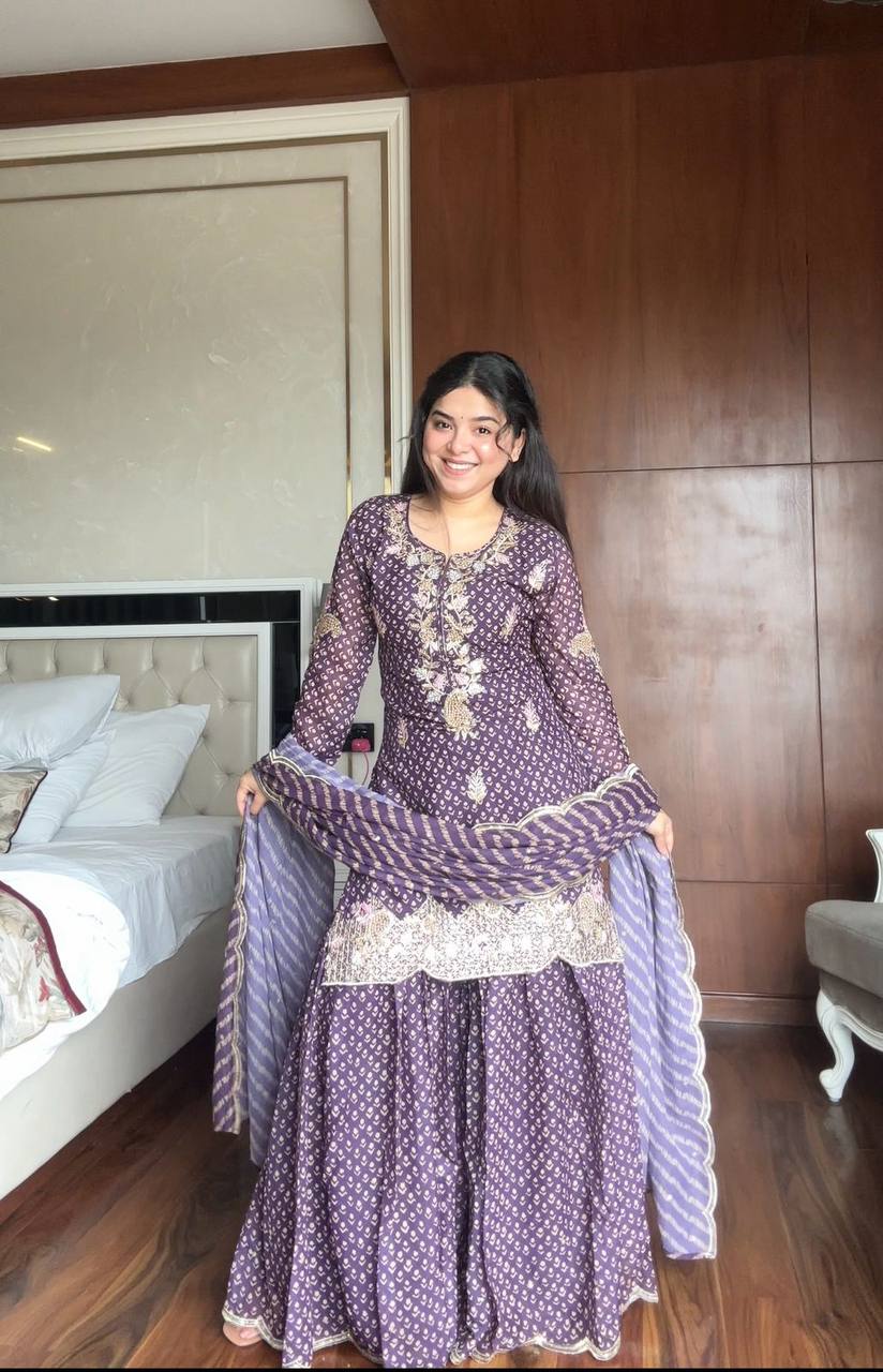 Purple printed chinon embroidery work kurti palazzo and dupatta