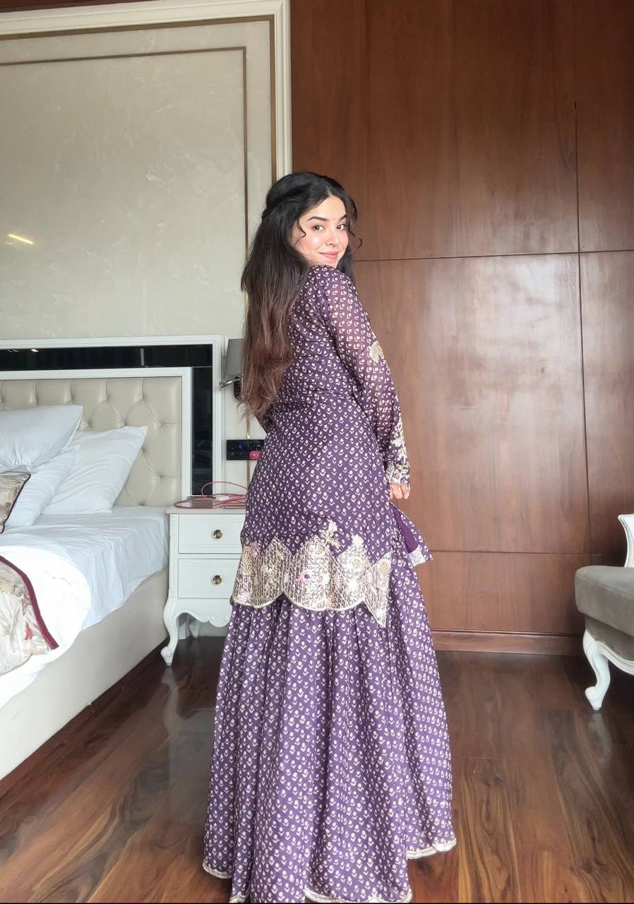 Purple printed chinon embroidery work kurti palazzo and dupatta
