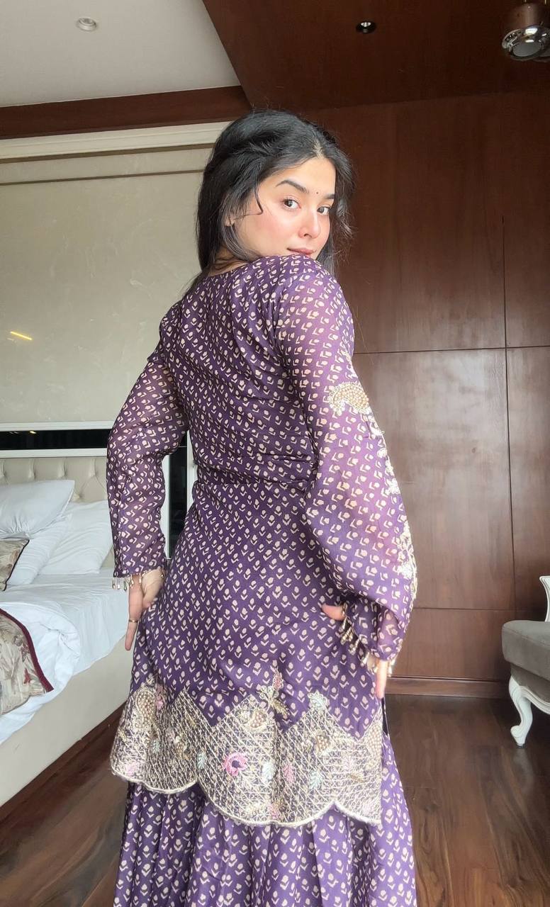 Purple printed chinon embroidery work kurti palazzo and dupatta