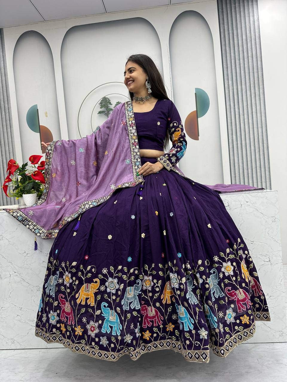 Dark Purple pure vichitra silk thread & sequence work lehenga choli