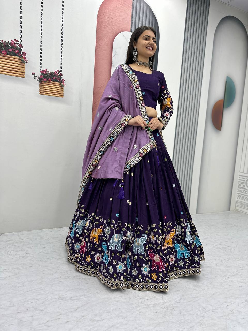 Dark Purple pure vichitra silk thread & sequence work lehenga choli
