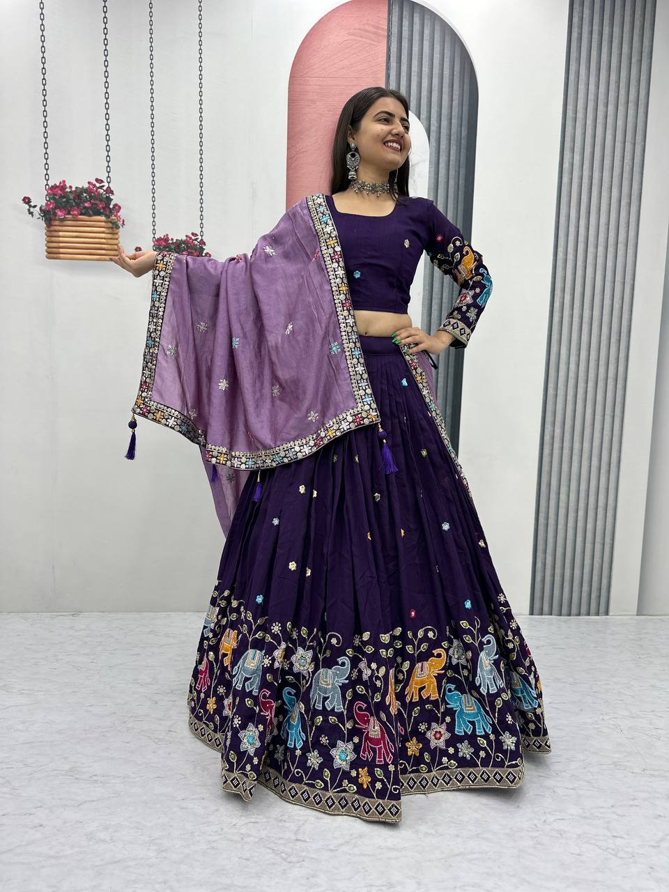 Dark Purple pure vichitra silk thread & sequence work lehenga choli