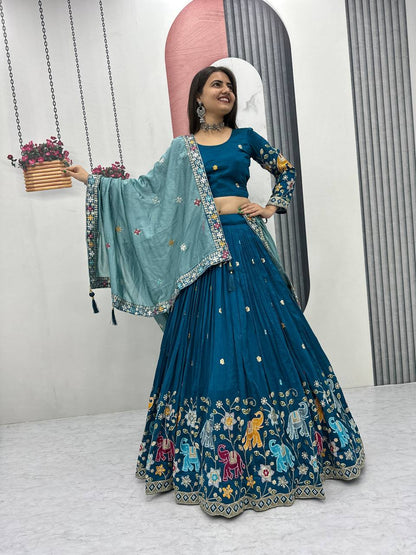 Blue pure vichitra silk thread & sequence work lehenga choli