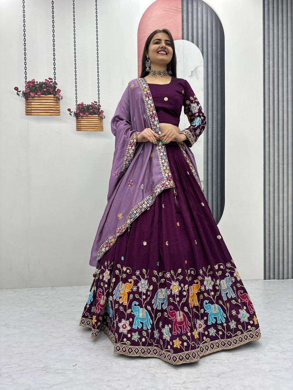 Wine Purple pure vichitra silk thread & sequence work lehenga choli