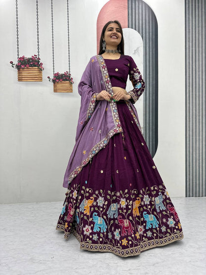 Wine Purple pure vichitra silk thread & sequence work lehenga choli