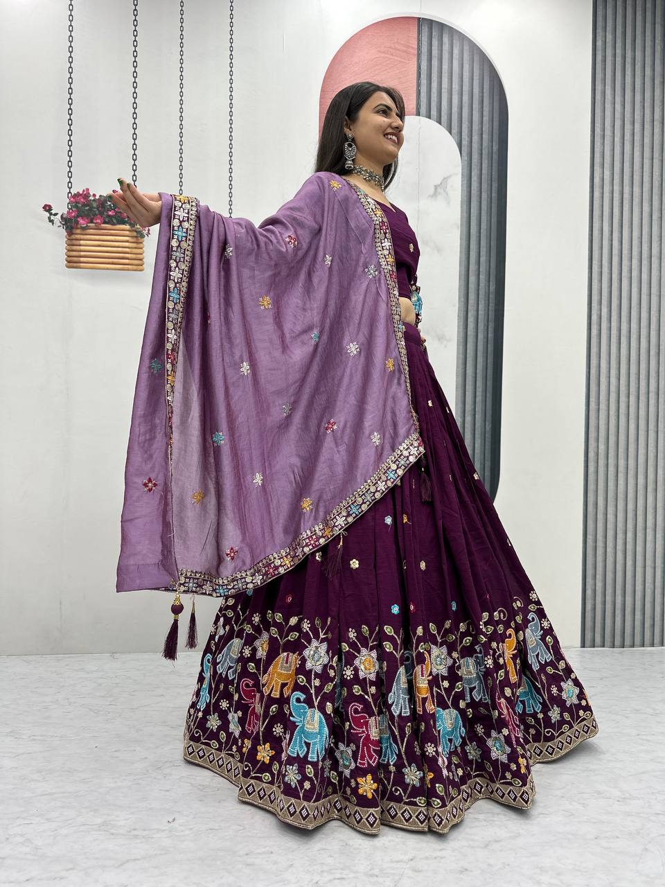 Wine Purple pure vichitra silk thread & sequence work lehenga choli