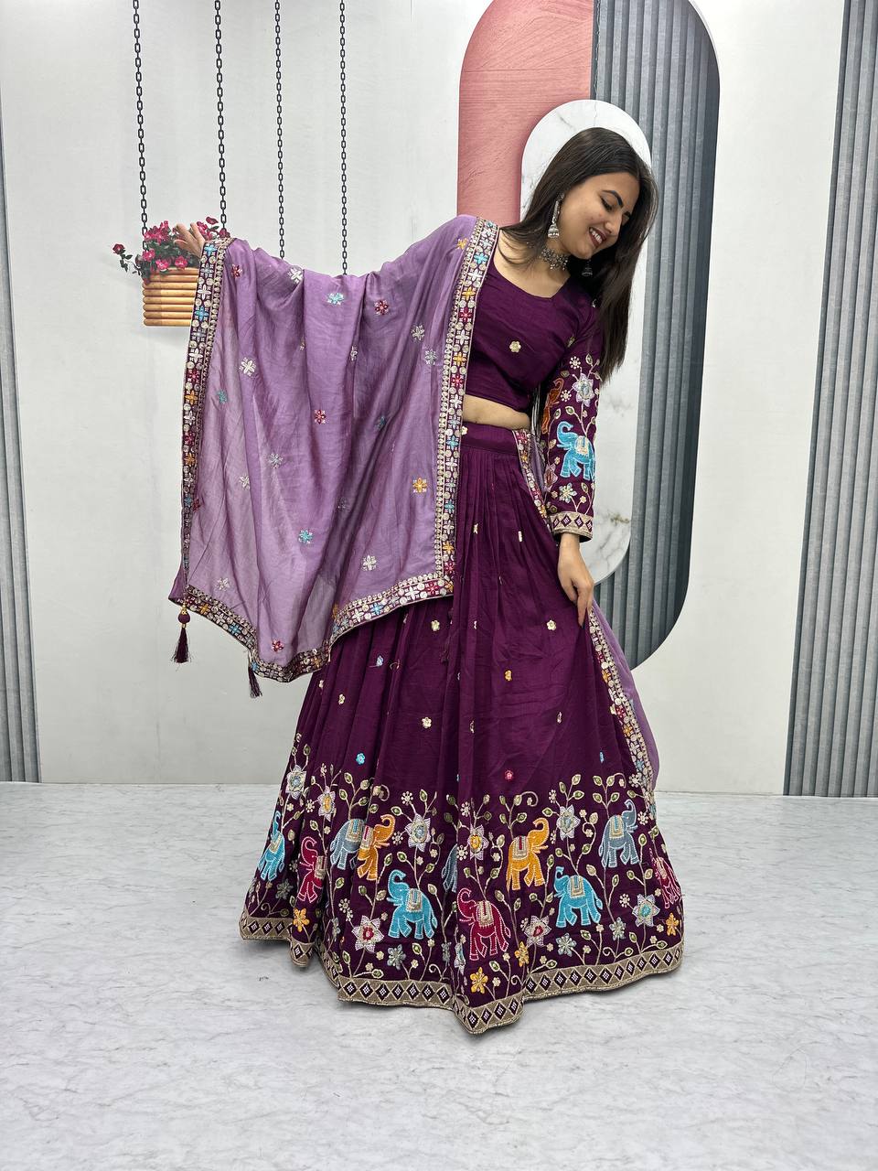 Wine Purple pure vichitra silk thread & sequence work lehenga choli