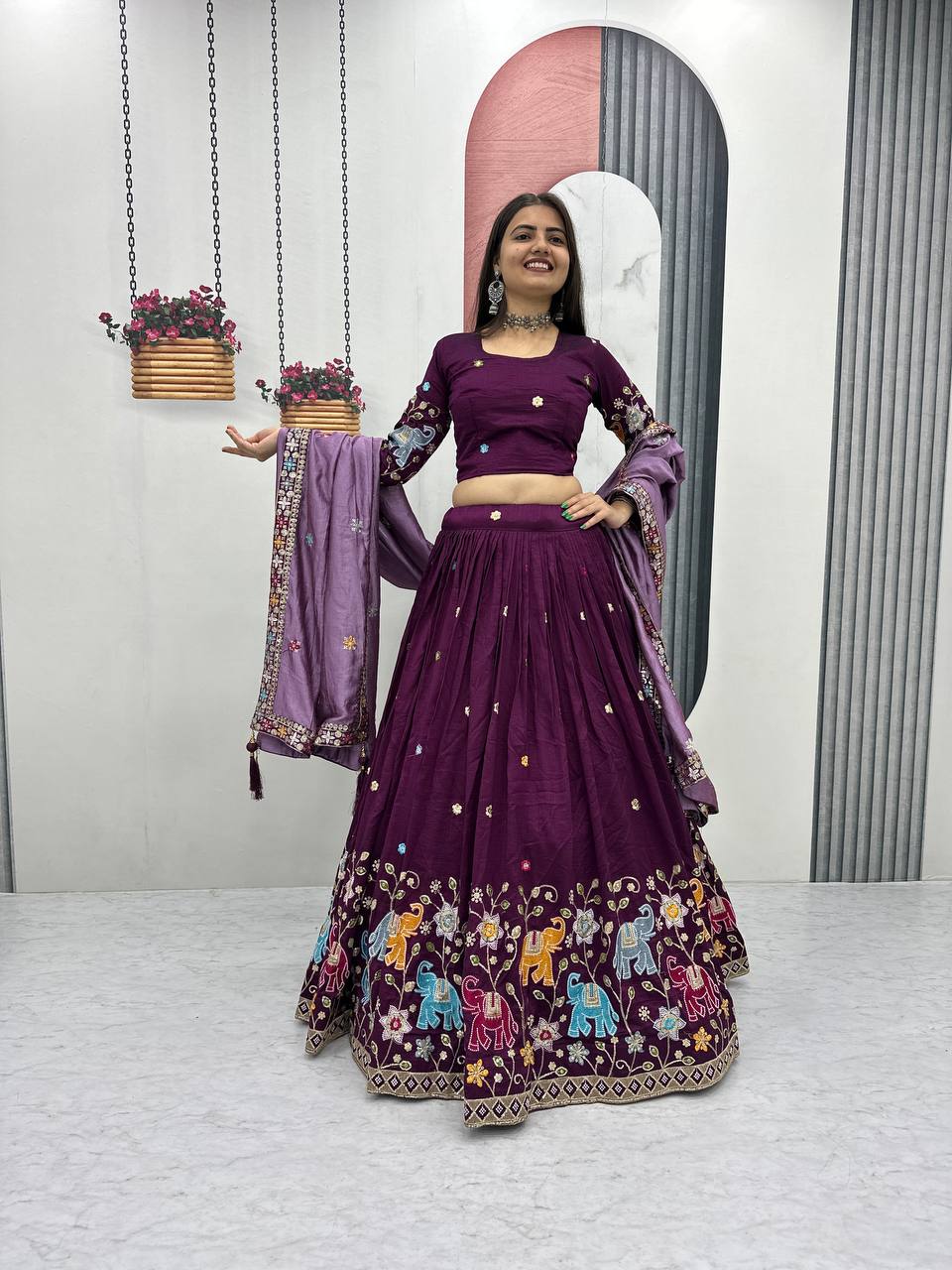 Wine Purple pure vichitra silk thread & sequence work lehenga choli