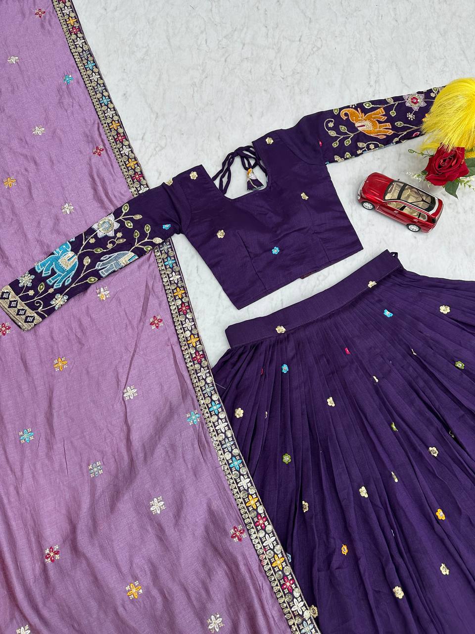 Dark Purple pure vichitra silk thread & sequence work lehenga choli