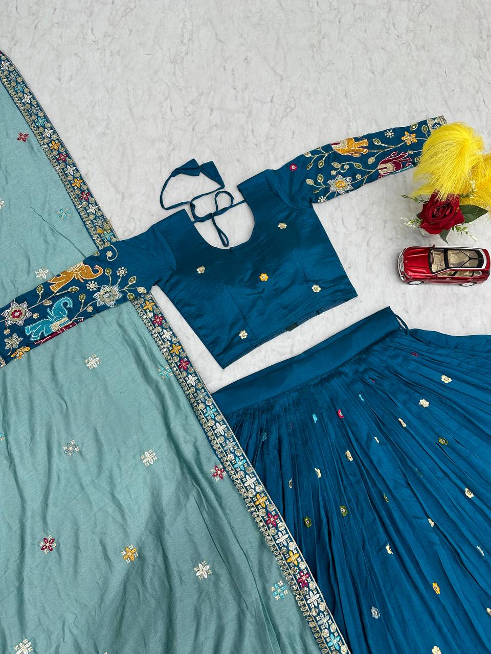 Blue pure vichitra silk thread & sequence work lehenga choli