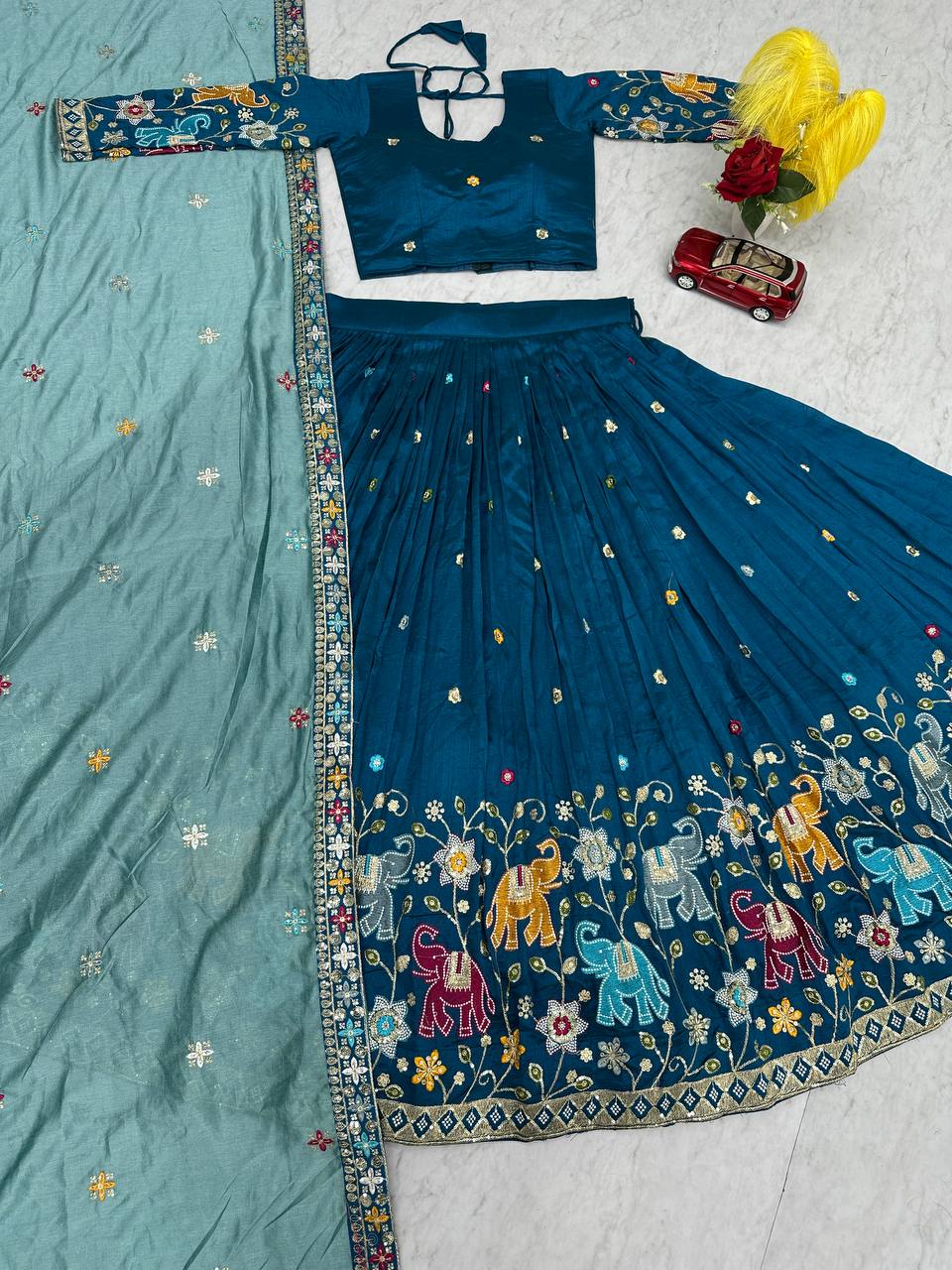 Blue pure vichitra silk thread & sequence work lehenga choli