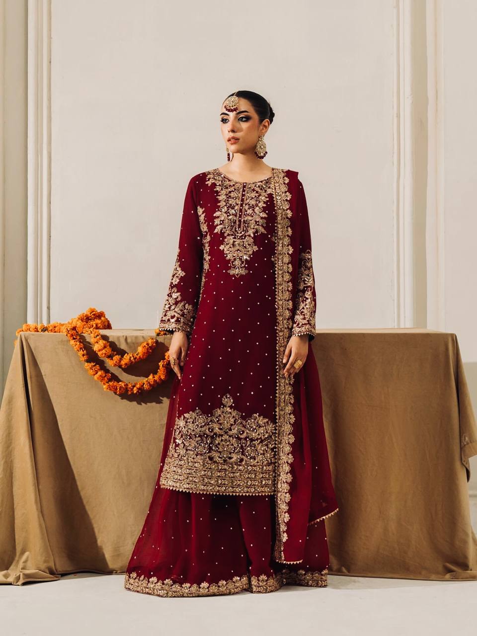 Maroon viscose velvet with top bottom and dupatta set
