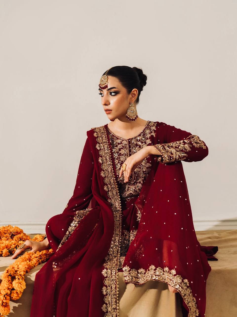 Maroon viscose velvet with top bottom and dupatta set